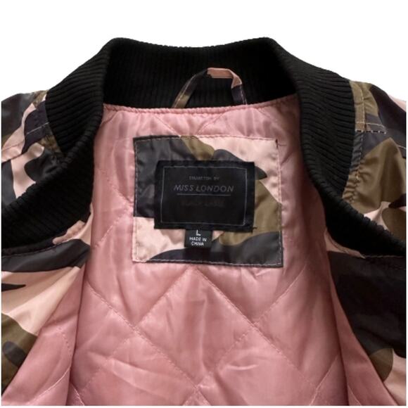 Miss London Jacket Coat Pink Olive Black Quilted Camouflage Bomber Coat Large - Picture 2 of 13